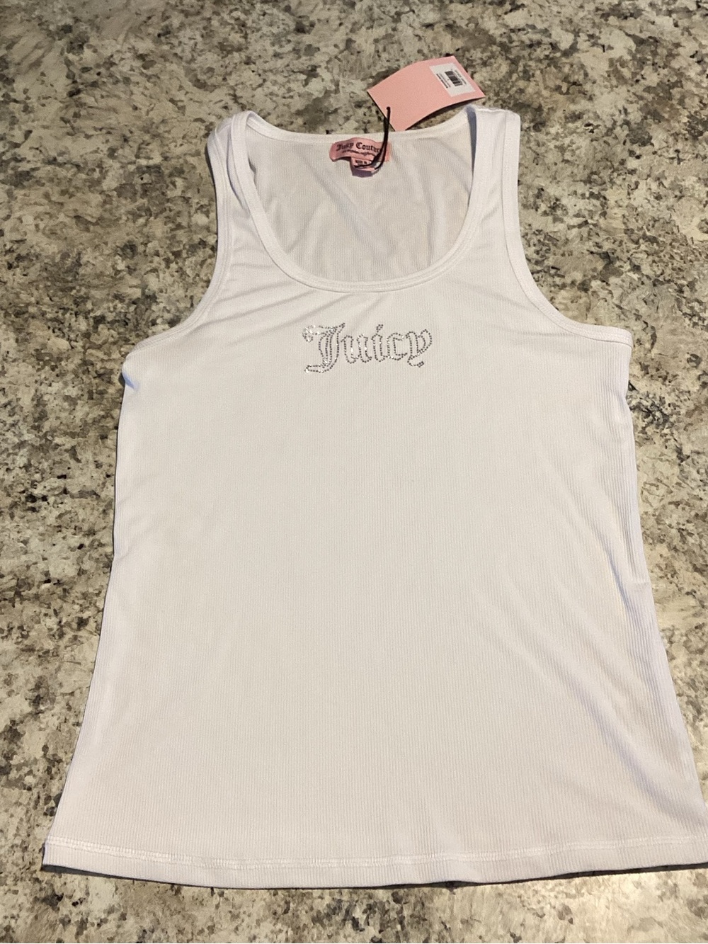Juicy Couture White Ribbed Rhinestone Logo Tank
